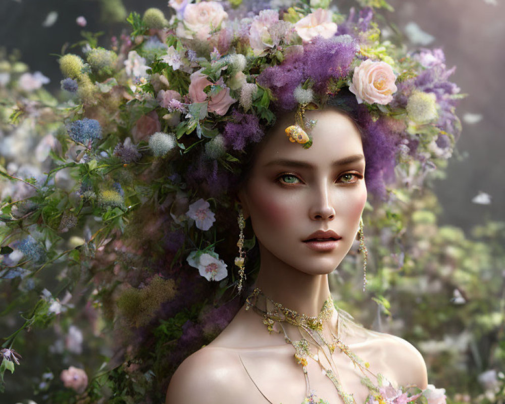 Portrait of woman with vibrant flower crown in dreamy setting