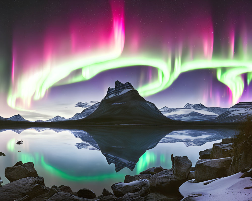 Northern Lights illuminate mountain landscape and lake reflection at night