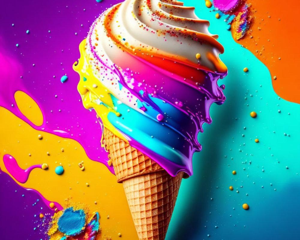 Colorful melting ice cream cone digital artwork on multicolored background