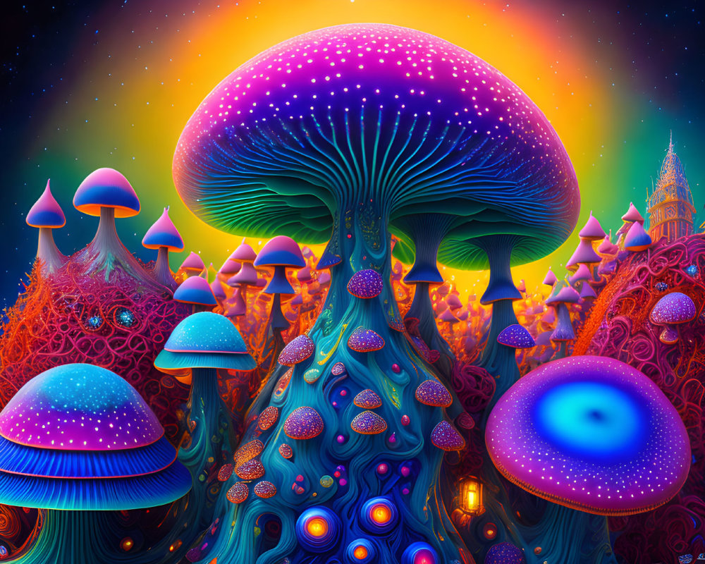 Colorful Psychedelic Mushroom Illustration in Fantastical Landscape