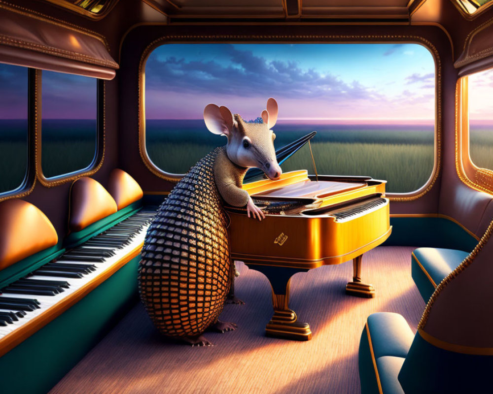 Armored animal plays piano in luxurious train compartment at twilight