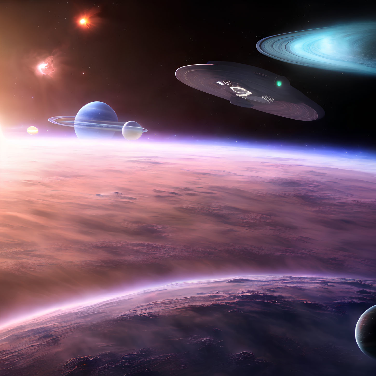 Colorful Space Scene with Star Trek-style Spaceship, Planets, Nebula, and Stars