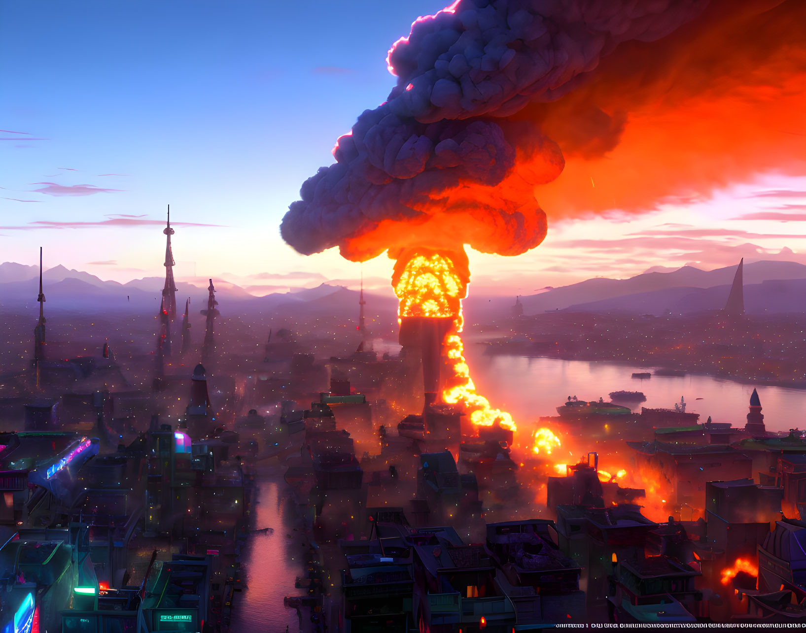 Cityscape at dusk consumed by massive fiery explosion and smoke plume