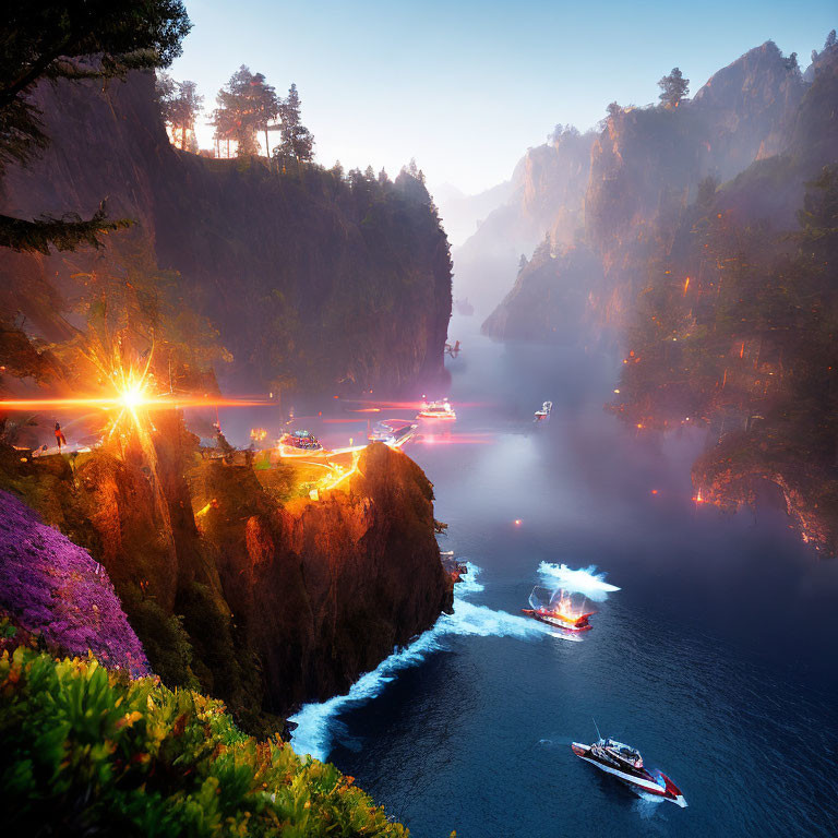 Scenic lakeside dusk view with illuminated boats, cliffs, trees, and mist reflections