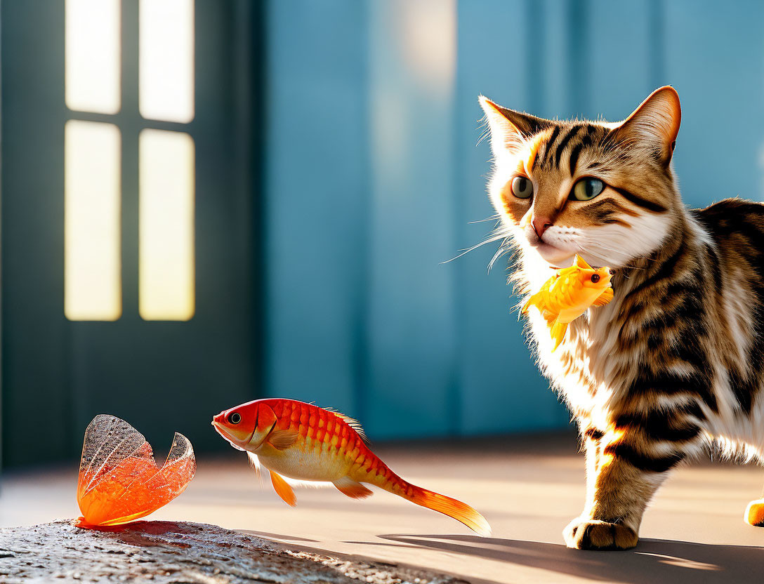 Curious cat with toy fish stares at goldfish out of bowl in sunlit room