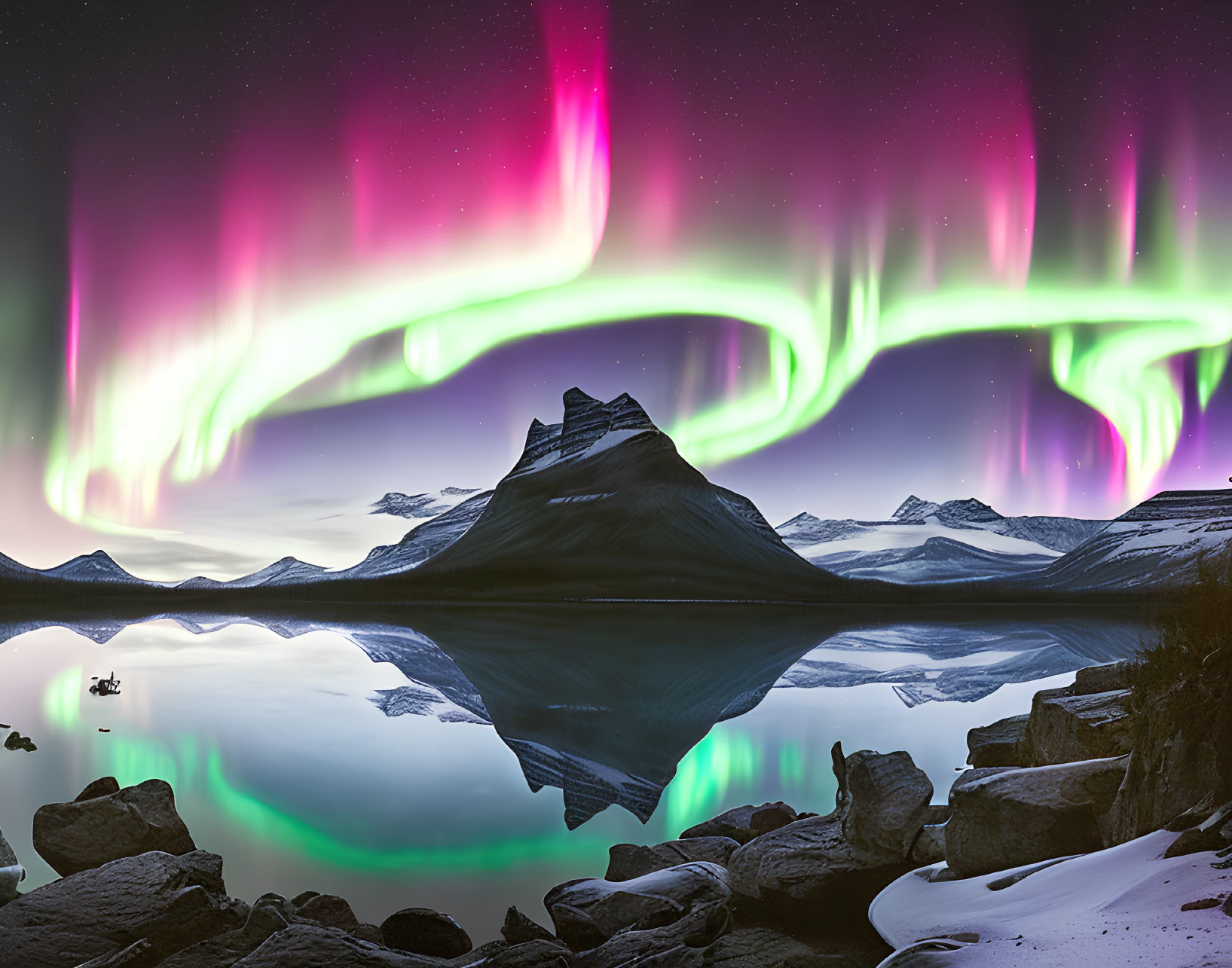 Northern Lights illuminate mountain landscape and lake reflection at night