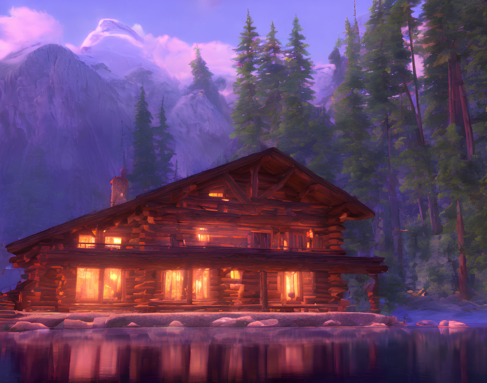 Rustic log cabin by tranquil lake at dusk