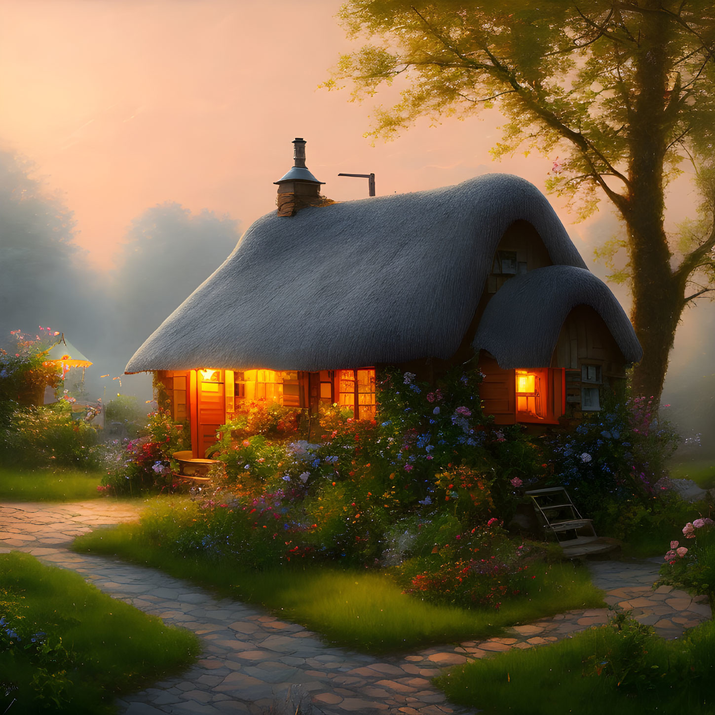 Thatched cottage with warm light, lush greenery, stone pathway