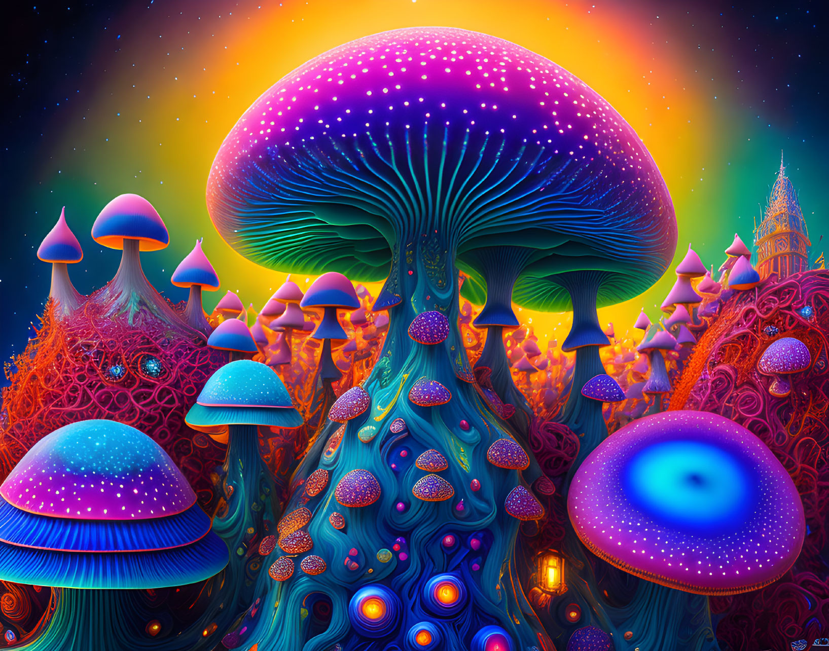 Colorful Psychedelic Mushroom Illustration in Fantastical Landscape