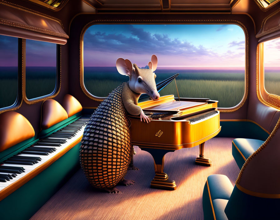 Armored animal plays piano in luxurious train compartment at twilight