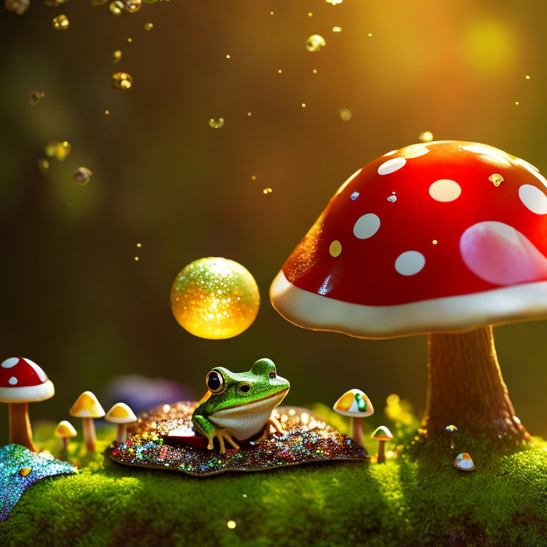 Frog surrounded by colorful mushrooms and magical orbs on glittering ground