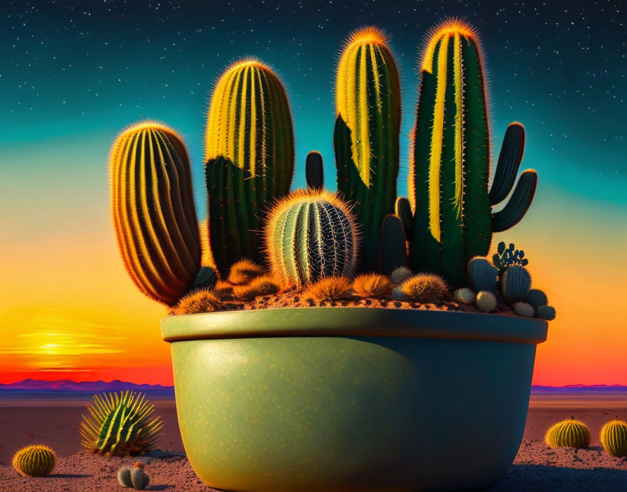 Assorted cacti in pot under starry desert sky