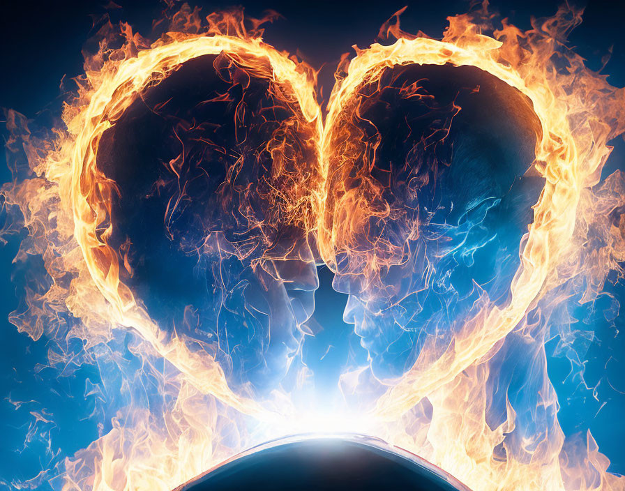 Silhouetted Faces Forming Heart Shape Surrounded by Flames on Blue Background