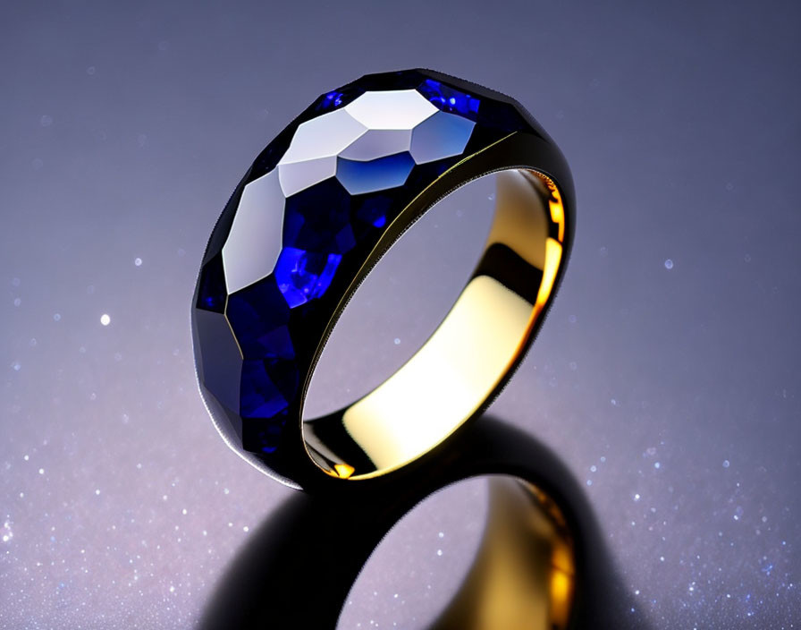 Luxurious Gold Ring with Large Blue Gemstone on Sparkling Grey Background