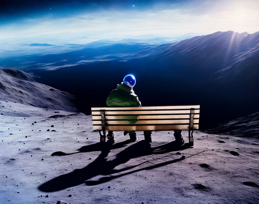 Astronaut on Moon Bench Observing Earth and Sunlit Shadows