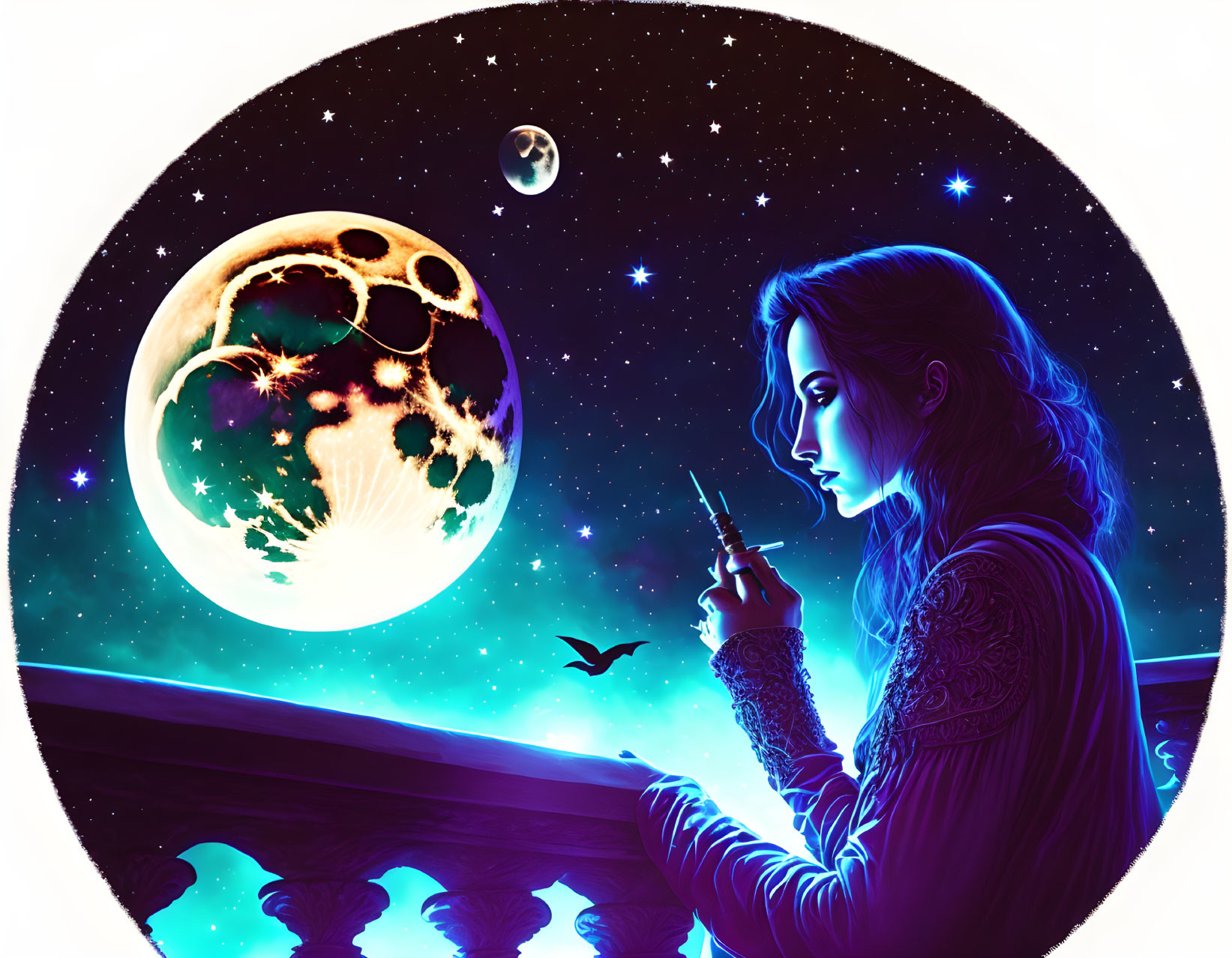 Silhouette of woman with feather pen against vibrant moonlit backdrop