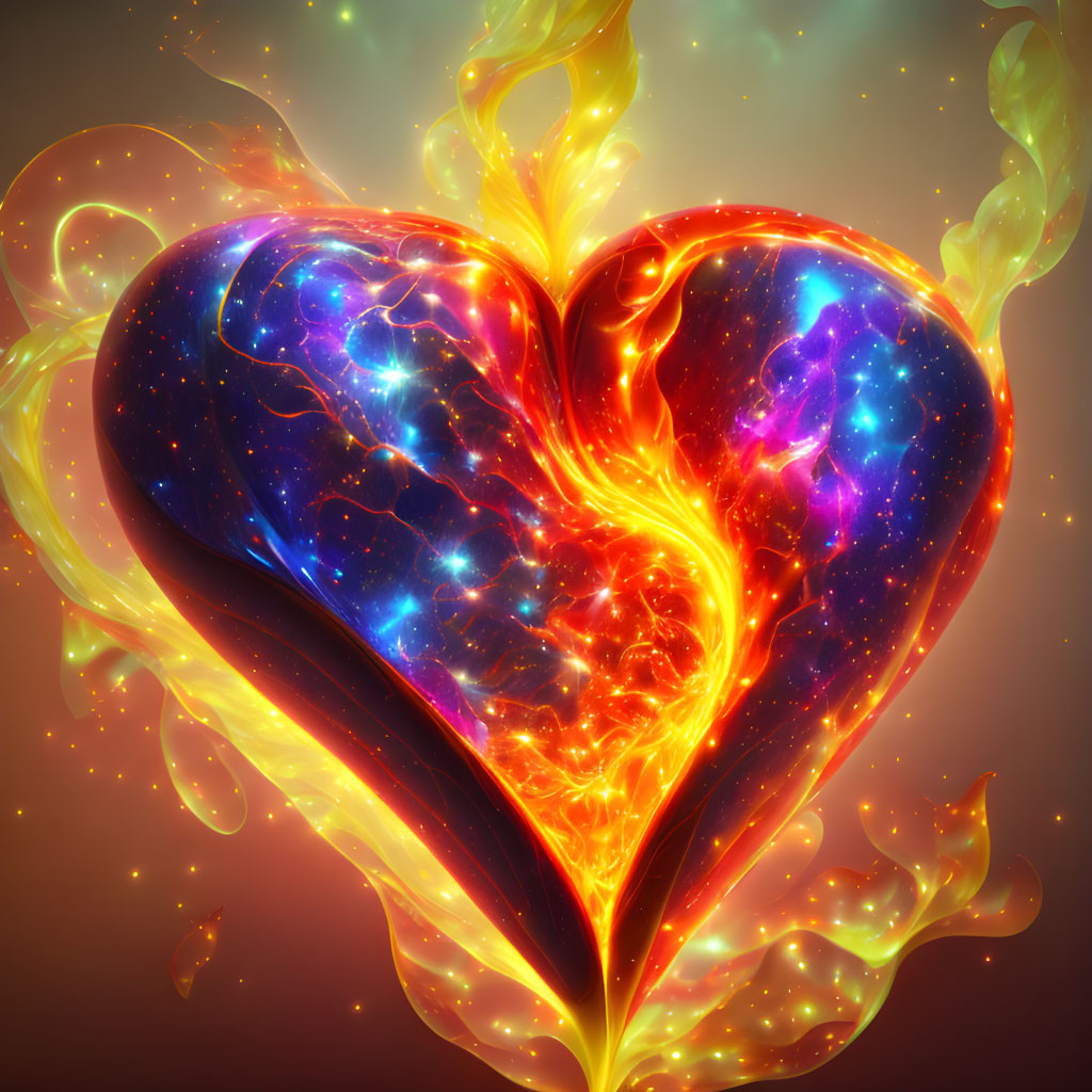 Colorful Heart Artwork with Cosmic Patterns and Flames on Warm Background