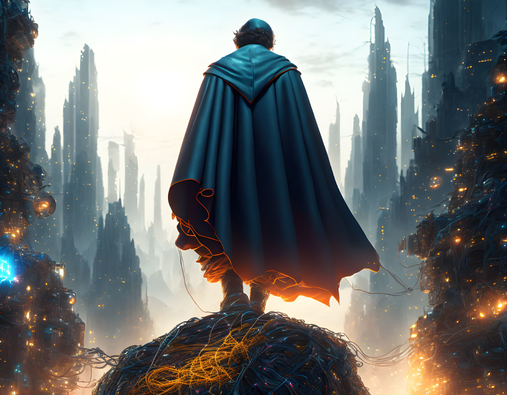 Cloaked figure on rocky outcrop gazes at futuristic cityscape at dawn/dusk.