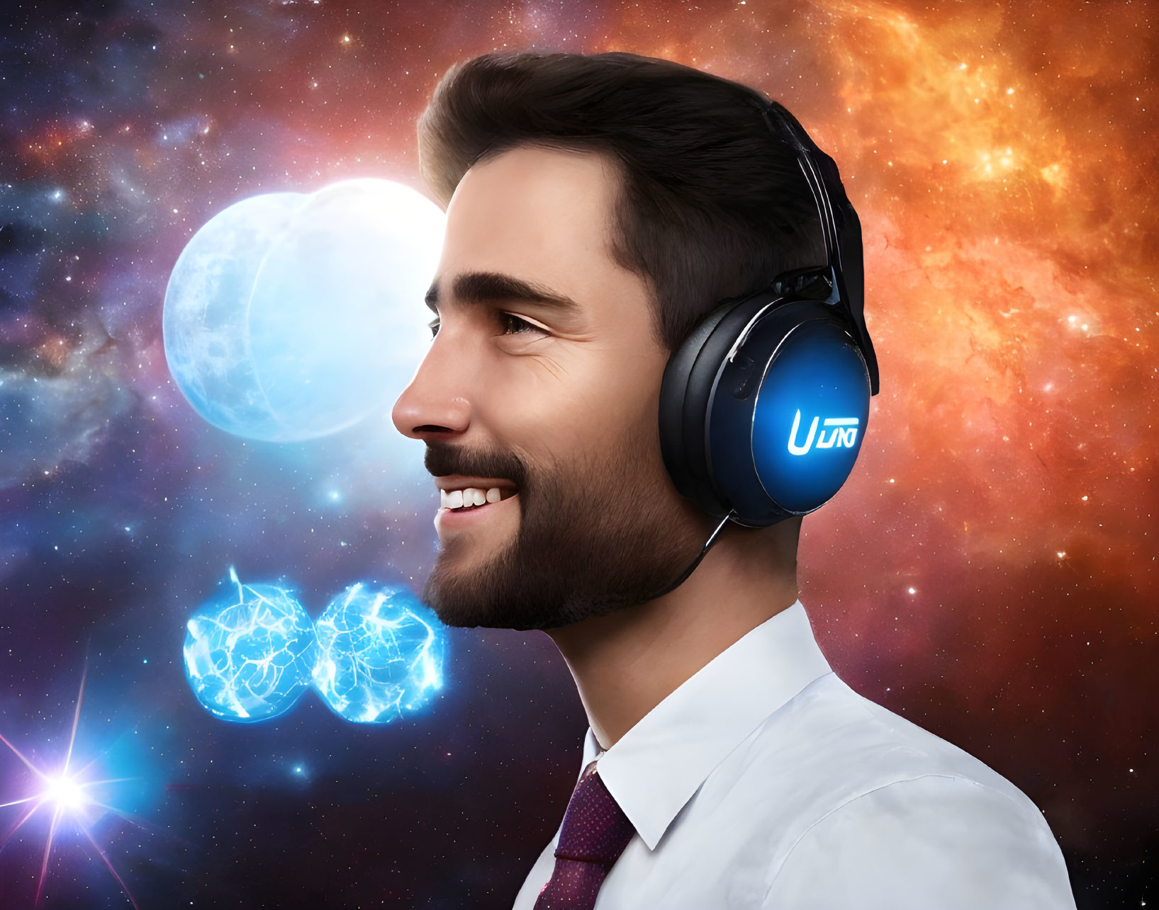 Smiling man in white shirt and tie with headphones in cosmic setting