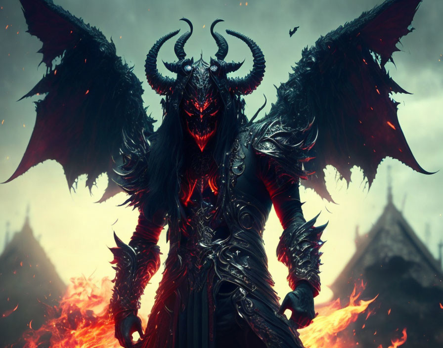 Sinister figure with red eyes, horns, wings in fiery setting.