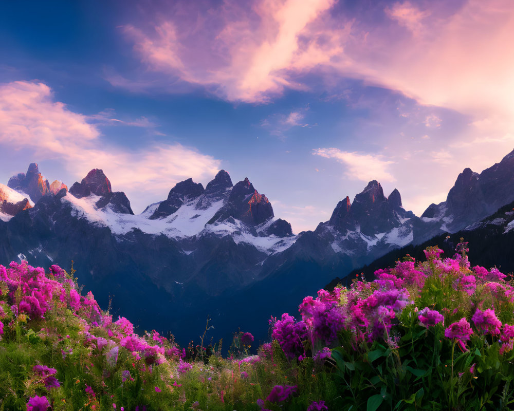 Scenic mountain peaks at sunset with vibrant wildflowers