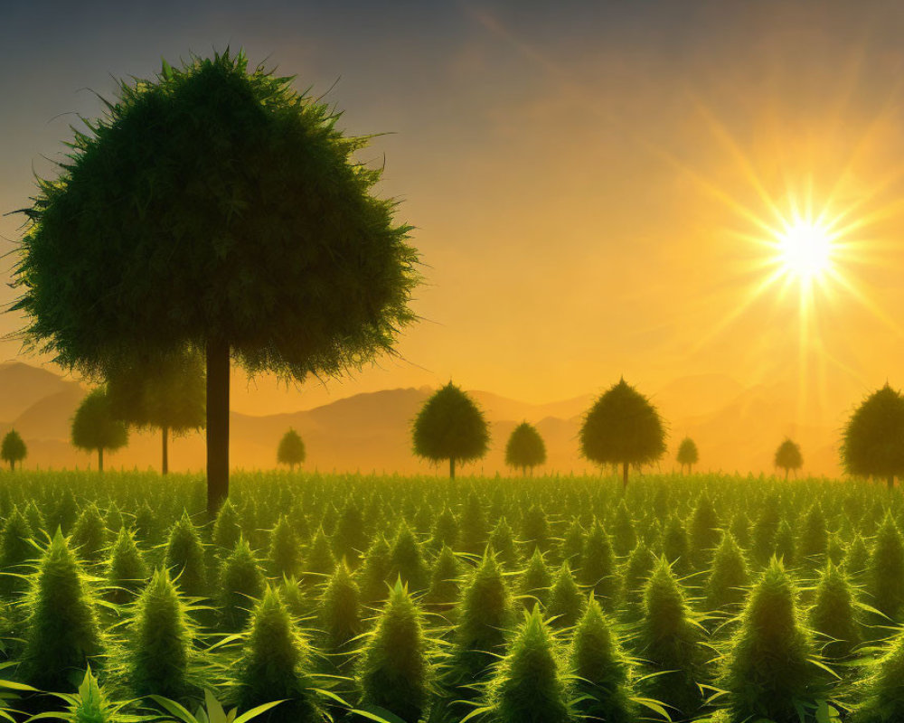 Lush Marijuana Field with Tree-Shaped Topiaries & Mountain Backdrop