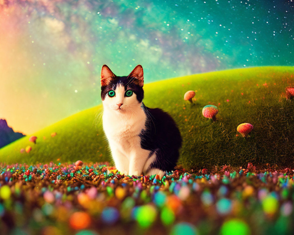 Black and white cat with green eyes on grassy knoll under starry sky with mushroom-like plants