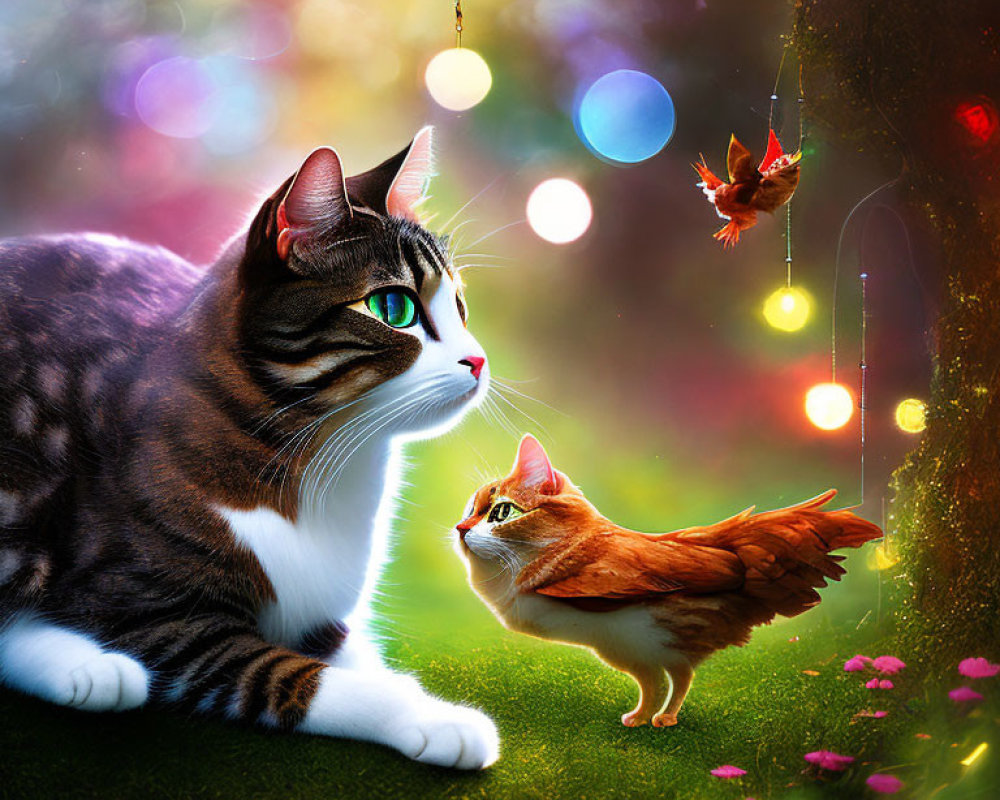 Two Cats in Vibrant Magical Garden with Colorful Lights and Flying Birds