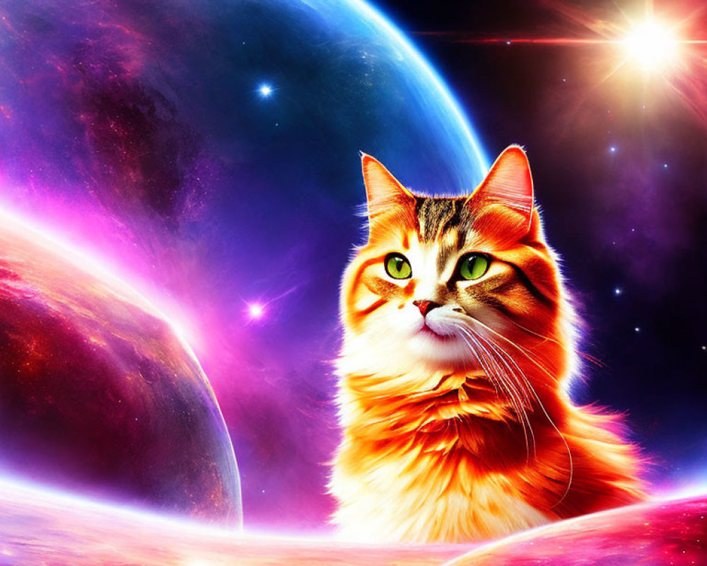 Colorful Cat in Cosmic Scene with Glowing Planet and Stars