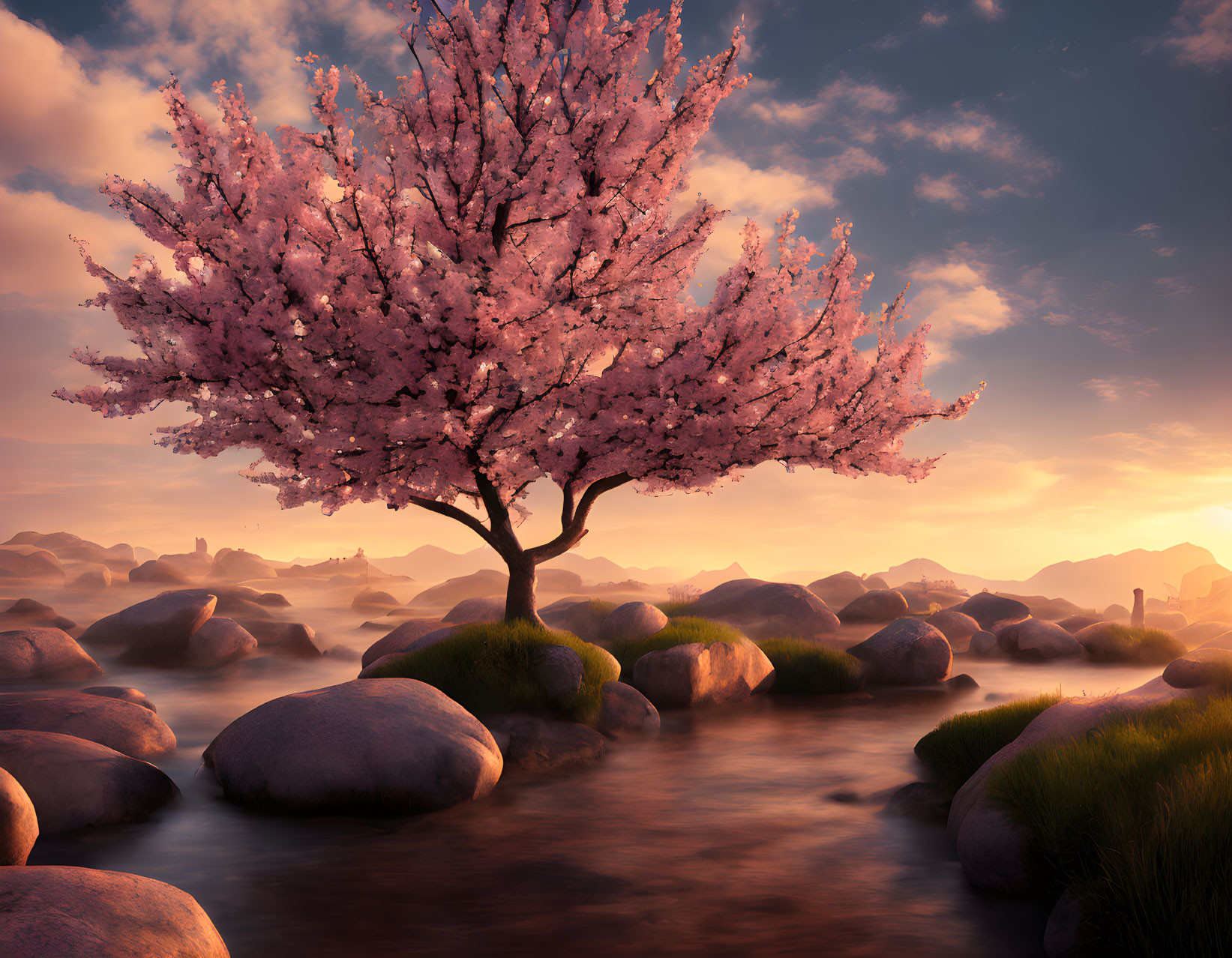 Tranquil cherry blossom tree by calm river at sunset