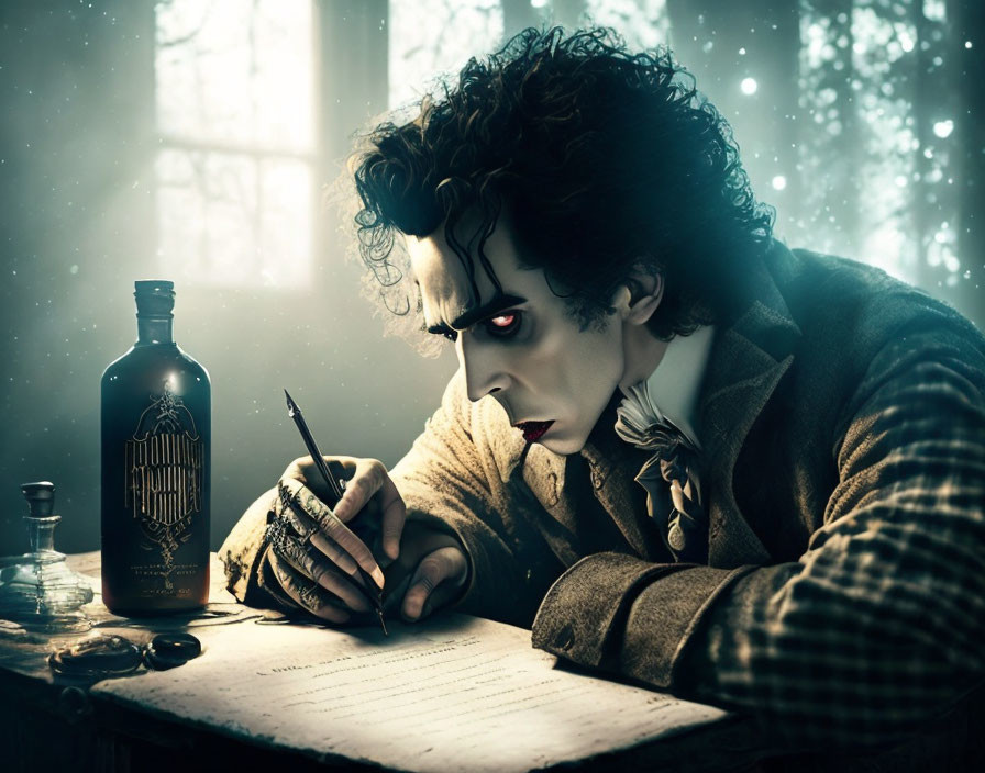 Intense man writing with quill in vintage setting