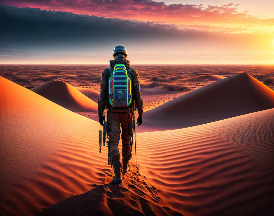 Astronaut walking on desert dunes at vibrant sunrise