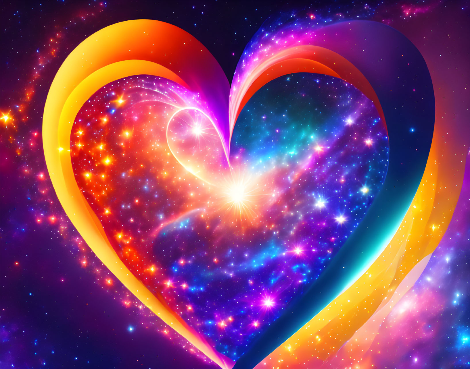 Vibrant heart-shaped cosmic illustration with orange and blue nebulae and bright stars.