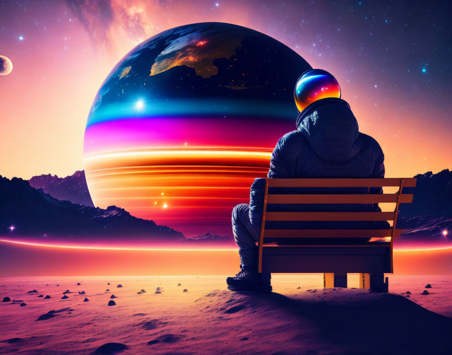 Person in spacesuit on bench in surreal alien landscape with colorful planets and moons.