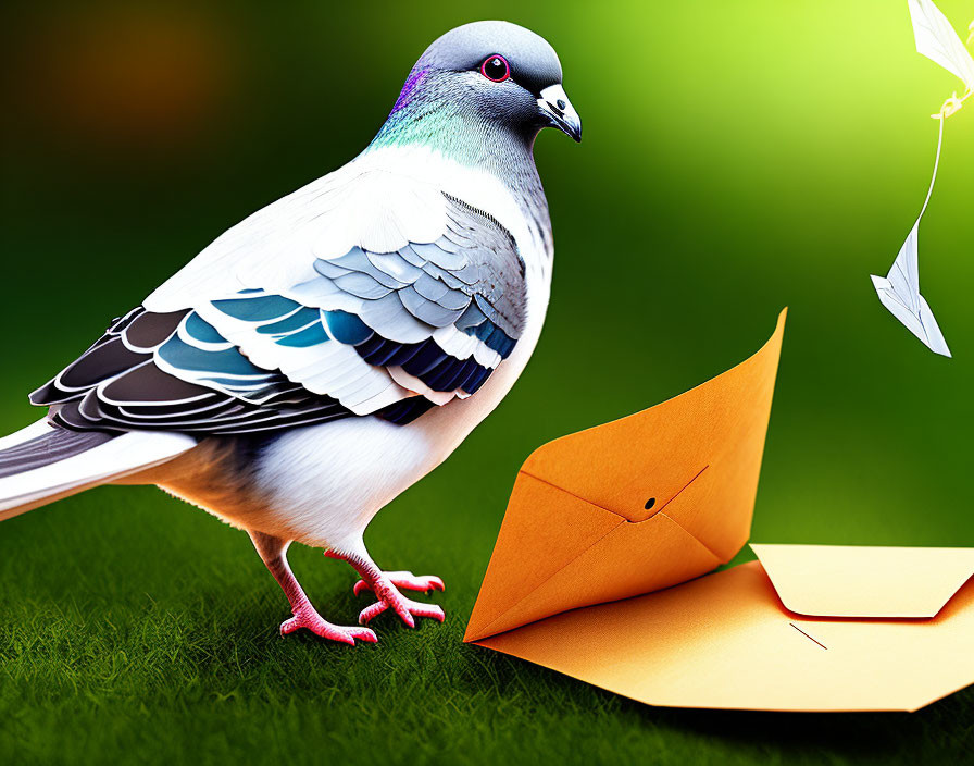 Pigeon beside orange envelope with paper airplane on green background