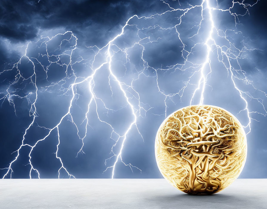 Golden spherical sculpture with intricate tree-like designs under dramatic lightning-filled sky