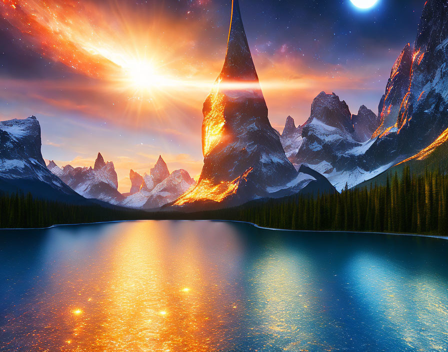 Scenic landscape with fiery sunburst and cool moon glow over mountain lake