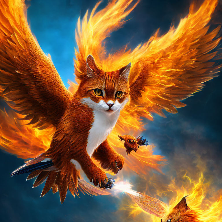 Cat-Bird Creature in Flames Flying on Blue Background