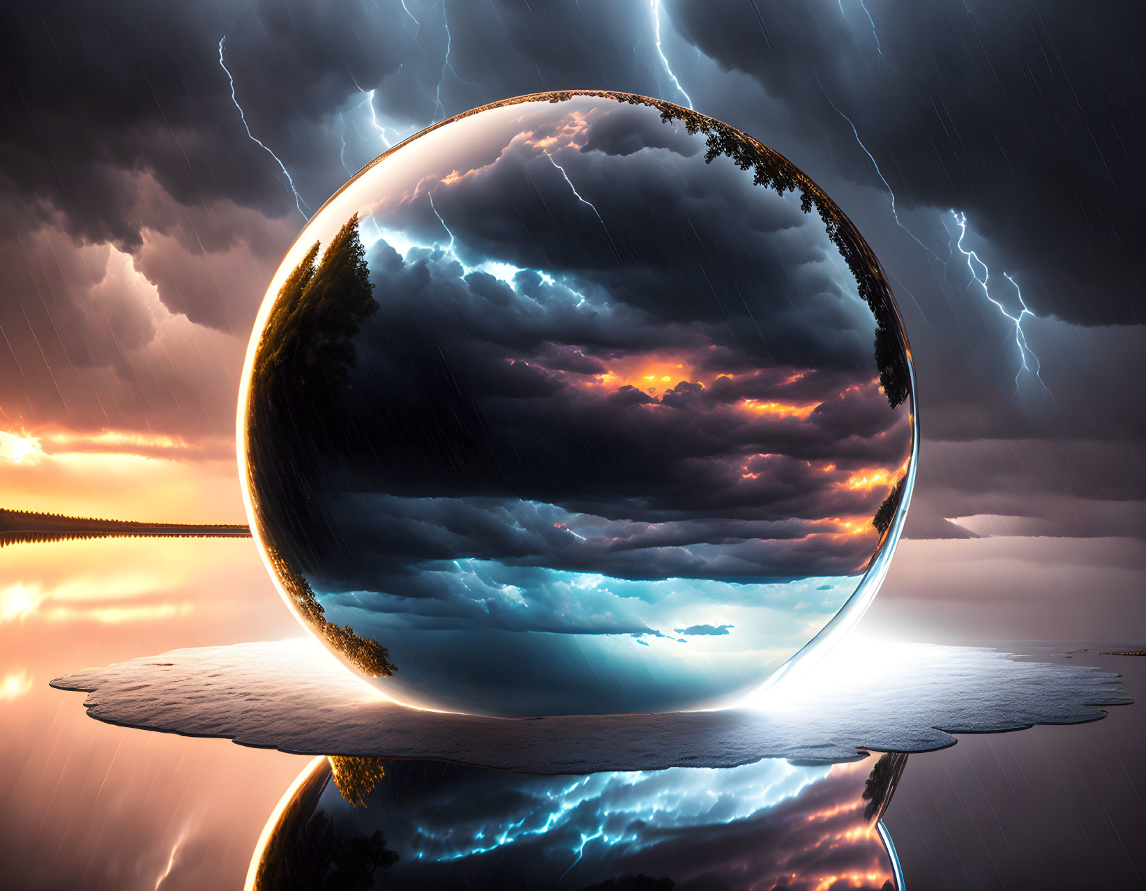 Crystalline sphere reflecting turbulent sky with lightning strikes in twilight backdrop