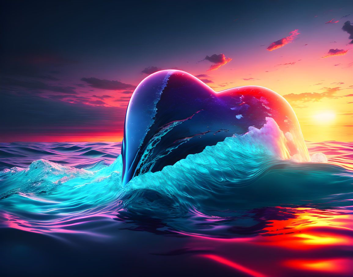 Colorful Heart-Shaped Island in Sunset Ocean Wave