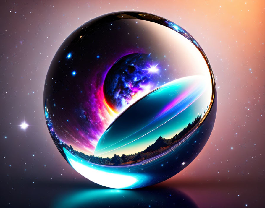 Colorful cosmic sphere with space, stars, galaxy, planets, and forest landscape.