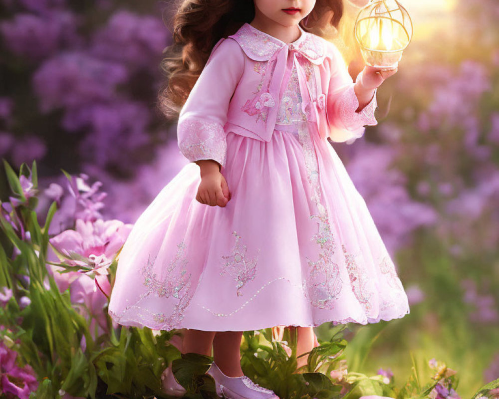 Young girl in pink vintage dress holding lantern among purple flowers at twilight