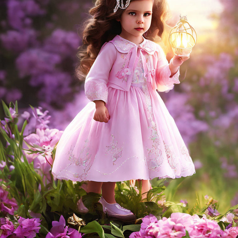 Young girl in pink vintage dress holding lantern among purple flowers at twilight