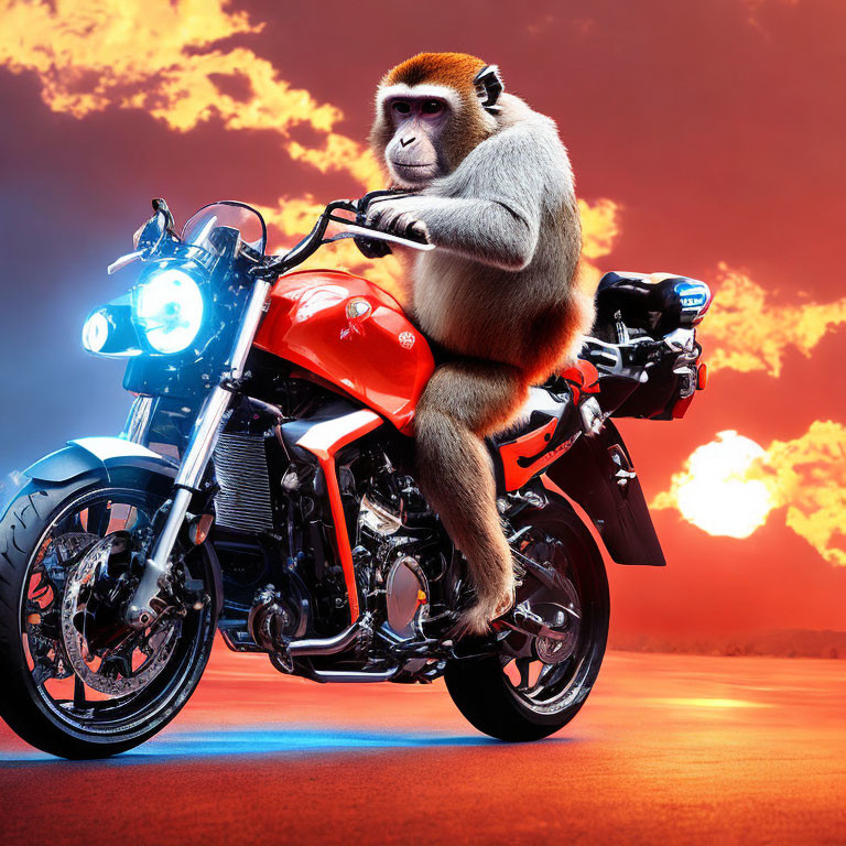 Monkey on red motorcycle under vibrant sunset.