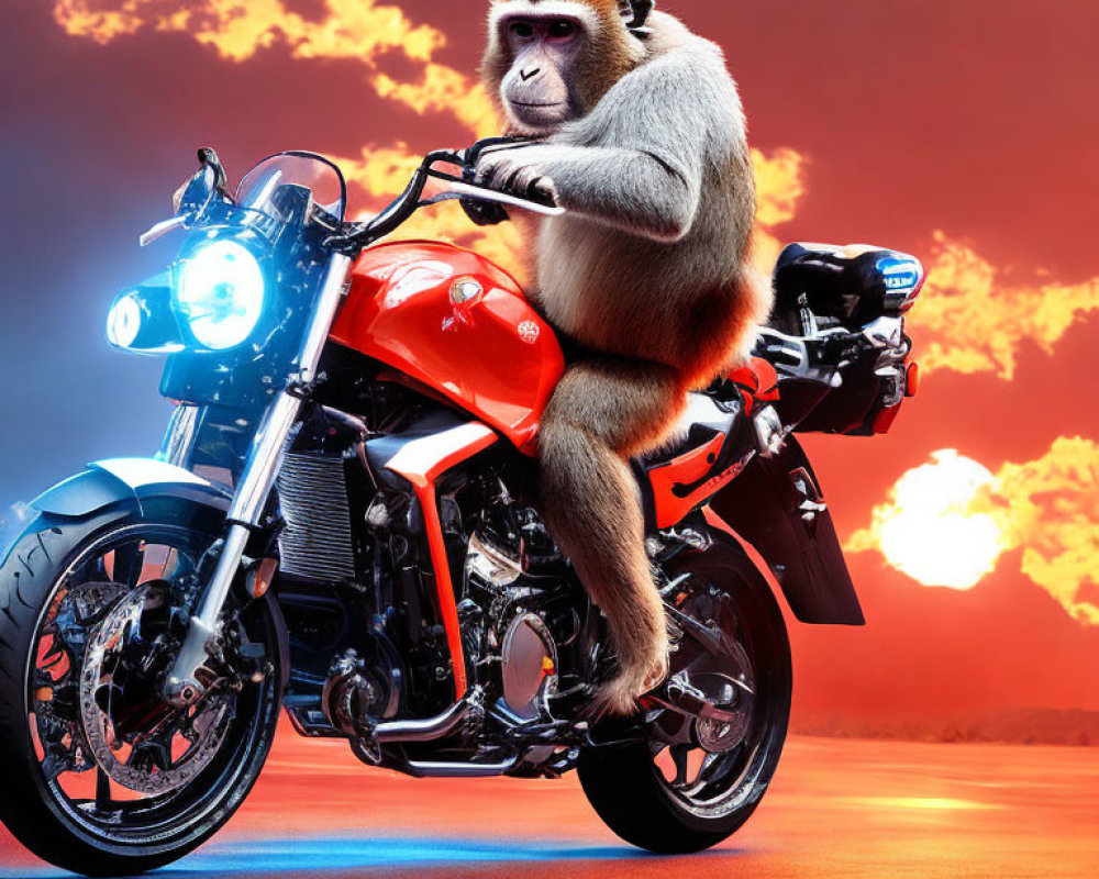 Monkey on red motorcycle under vibrant sunset.