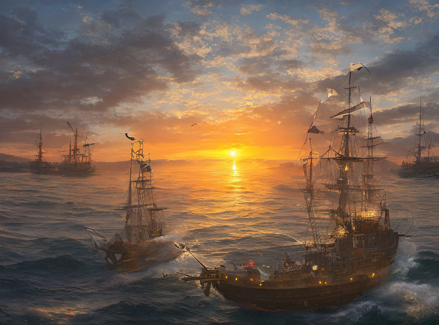 Old sailing ships on golden sunset-lit ocean with dynamic waves