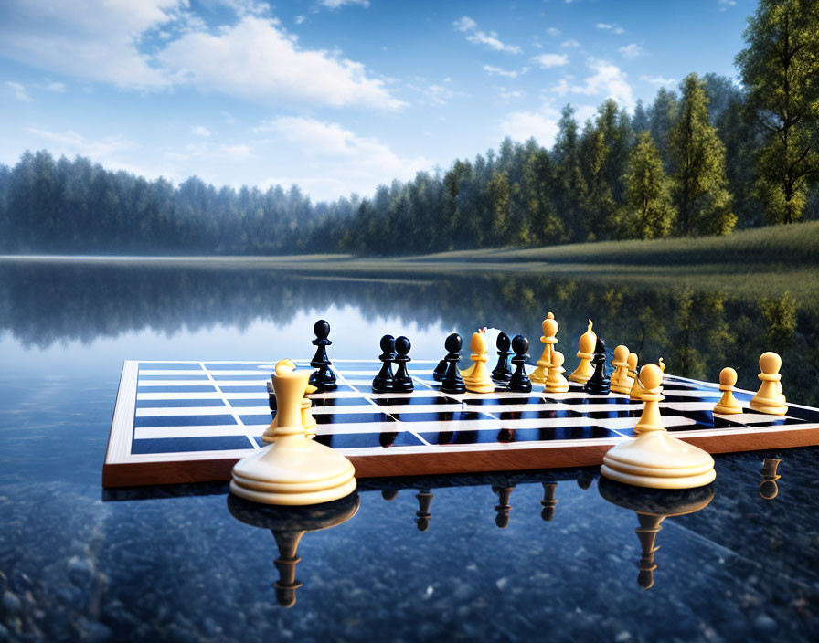 Chessboard with pieces on calm lake, serene forest, blue sky background