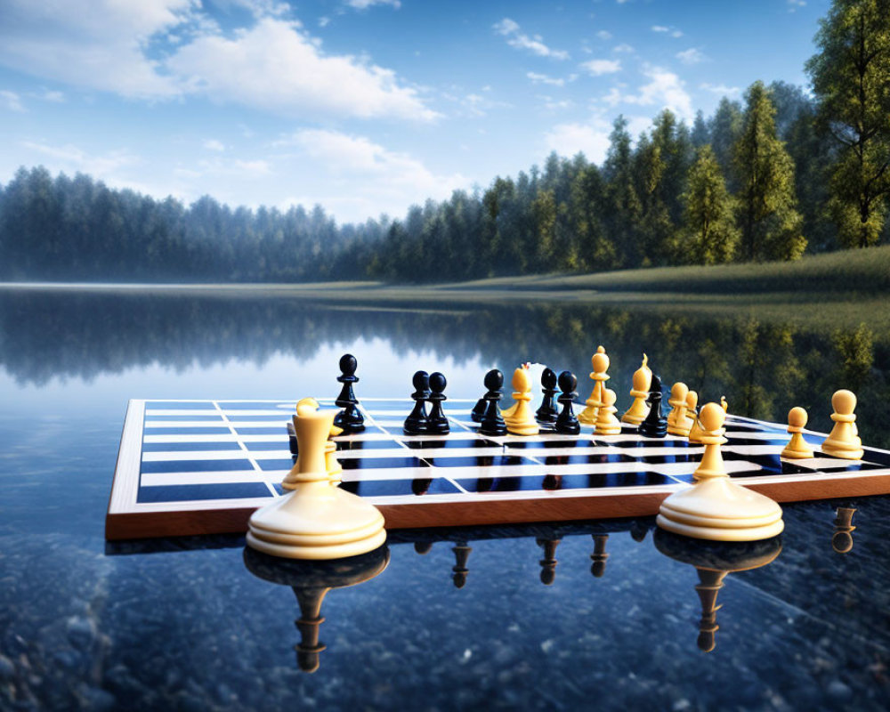 Chessboard with pieces on calm lake, serene forest, blue sky background