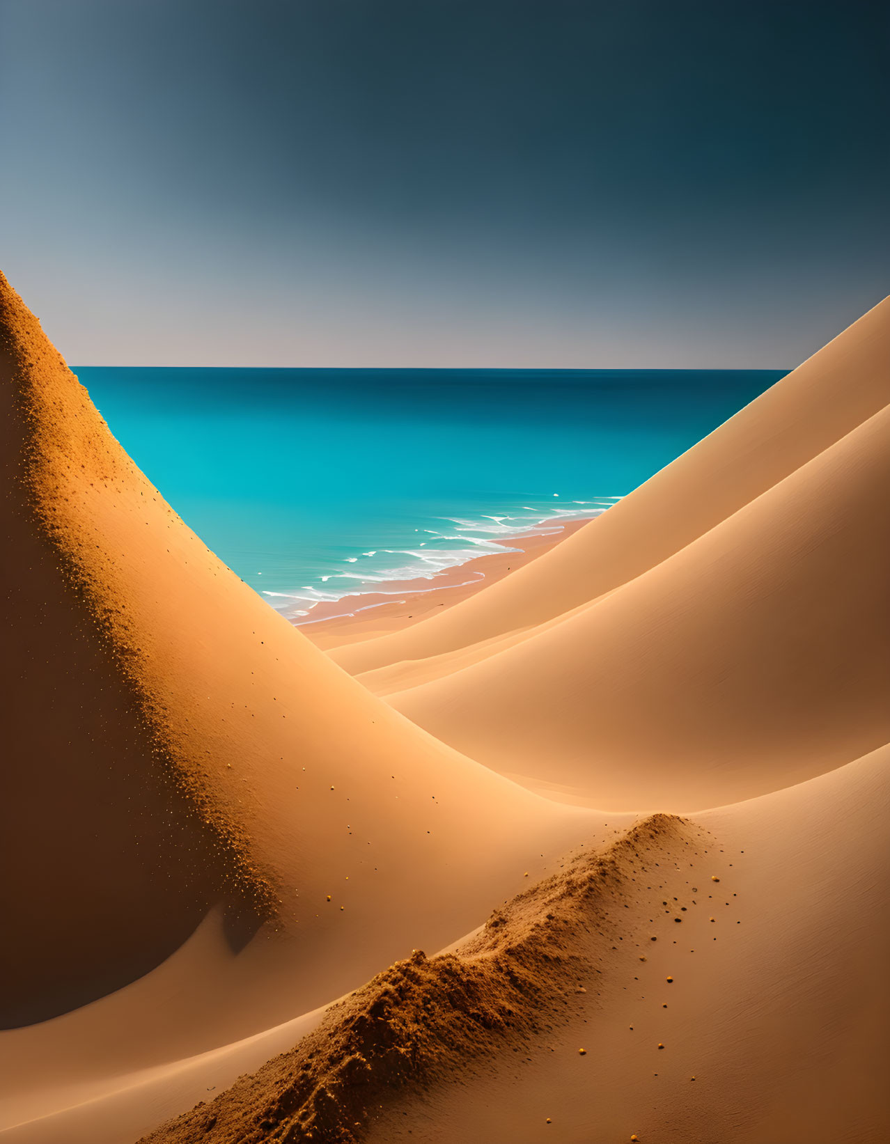 Clear sky frames vivid blue ocean between smooth sand dunes.