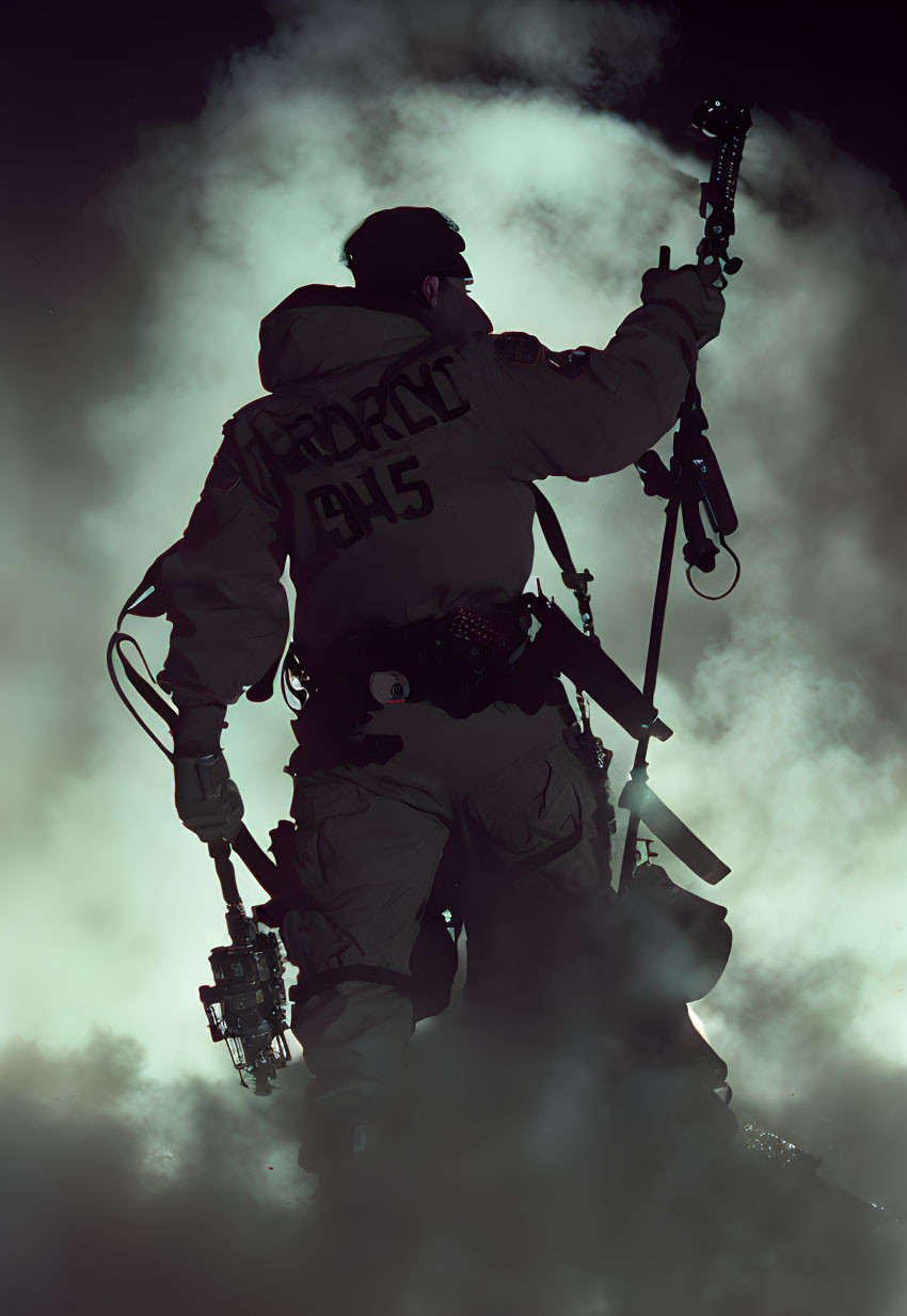 Silhouette of Person in Police Tactical Gear with Backlighting Holding Rifle